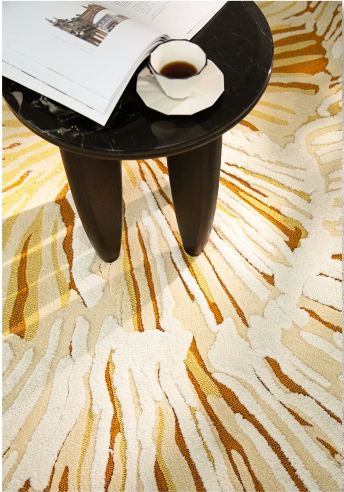 Close-up of the Solene rug by Hewn Earth Studio, showcasing its intricate woven pattern and soft, textured surface.
