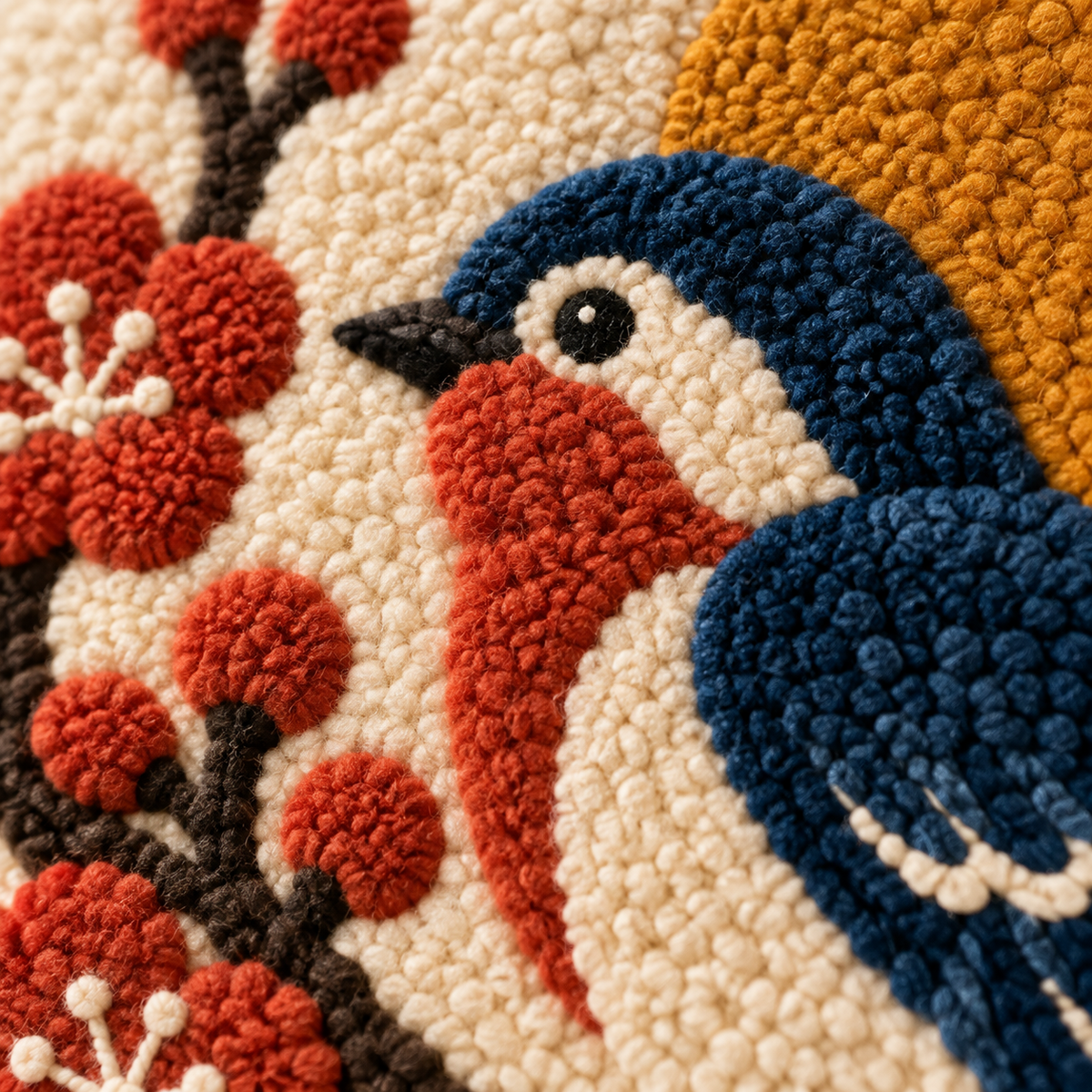 Songbird beneath the Golden Sun — tufted wool texture detail