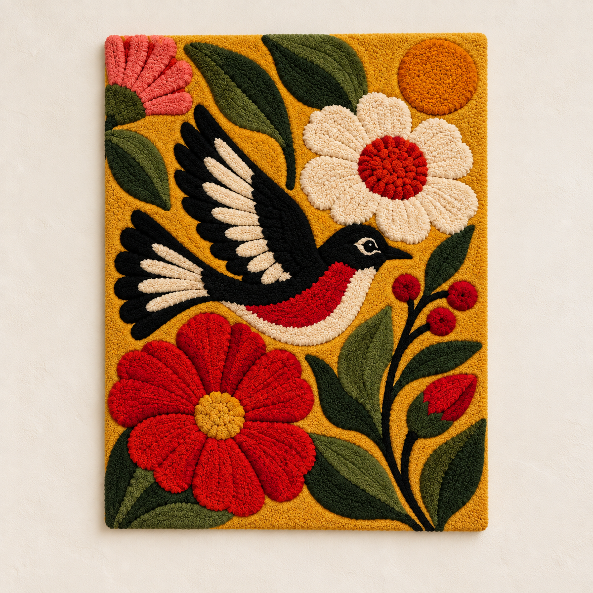 Hewn Earth wall art featuring a songbird perched among vibrant marigolds in a colorful garden scene.