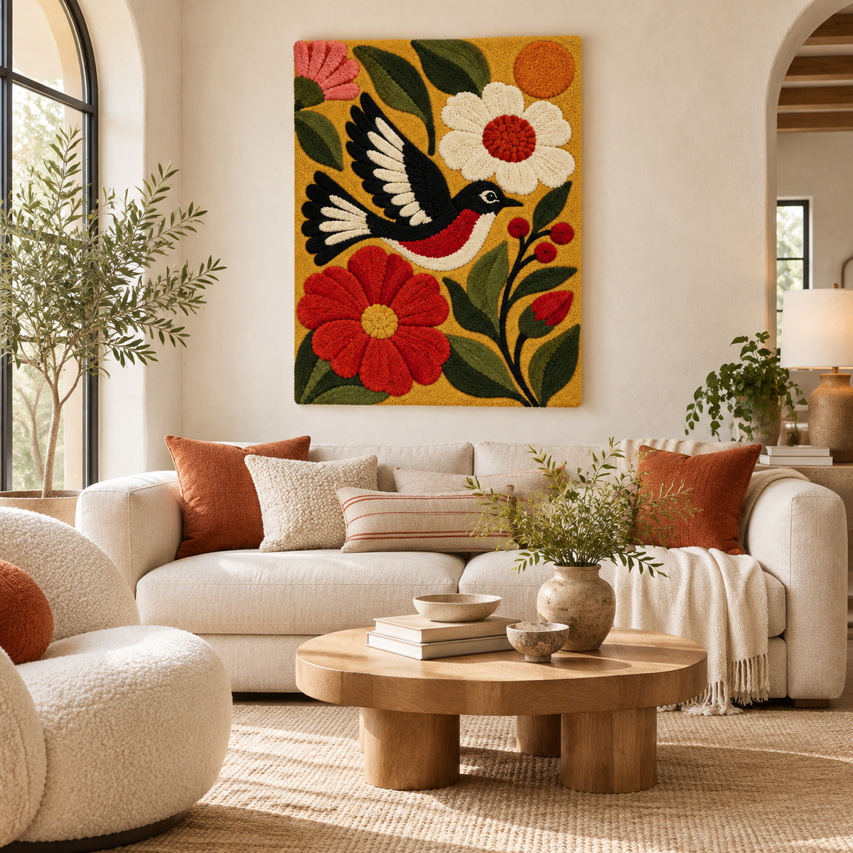 Hewn Earth wall art featuring a songbird amidst vibrant marigold flowers in a colorful garden scene.