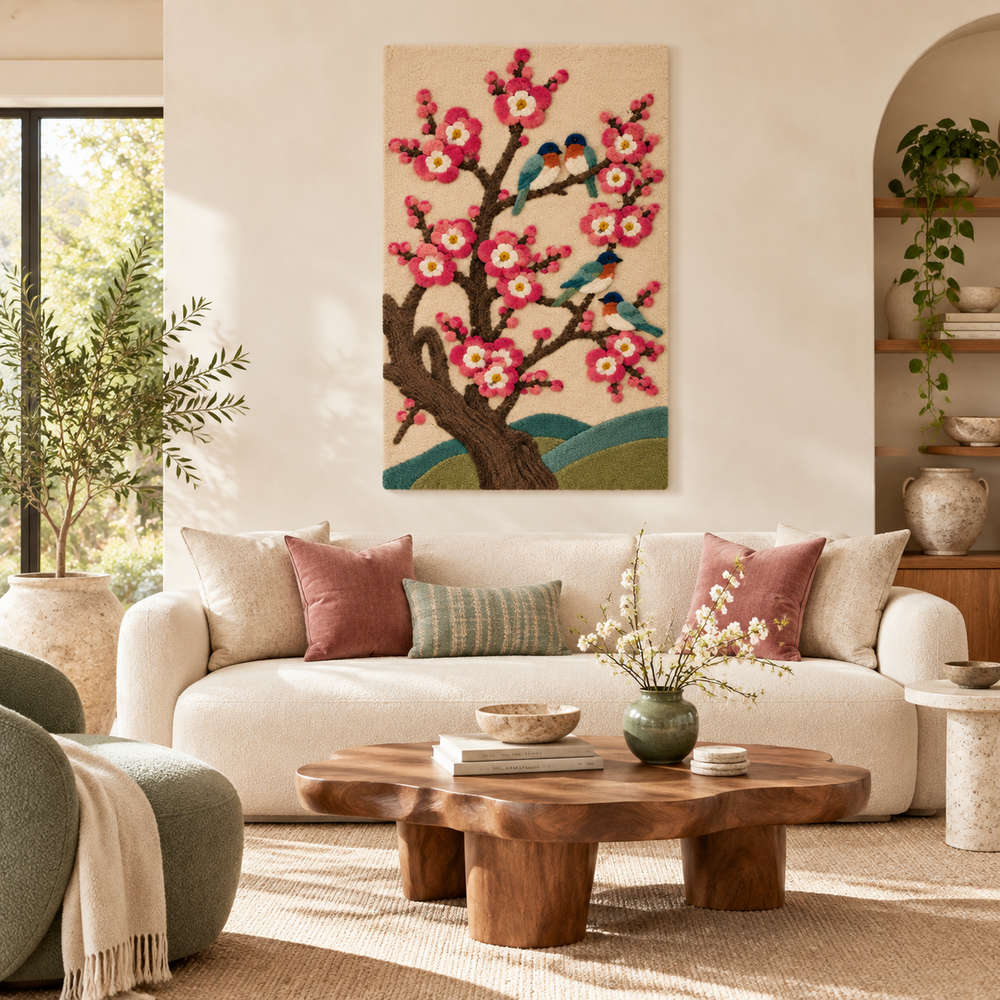 Songbirds Among Plum Blossoms — front-facing room scene