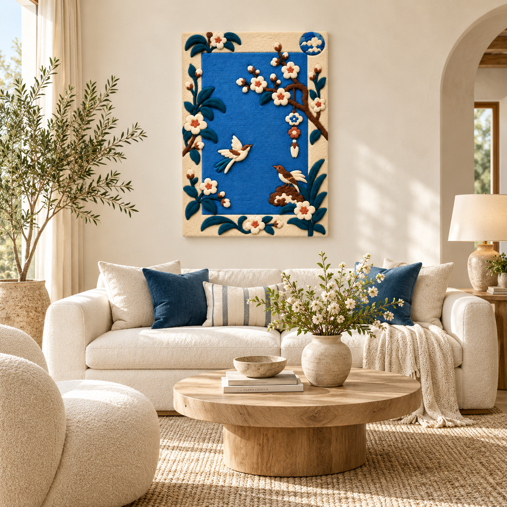 Songbirds in the Cobalt Garden — front-facing room scene