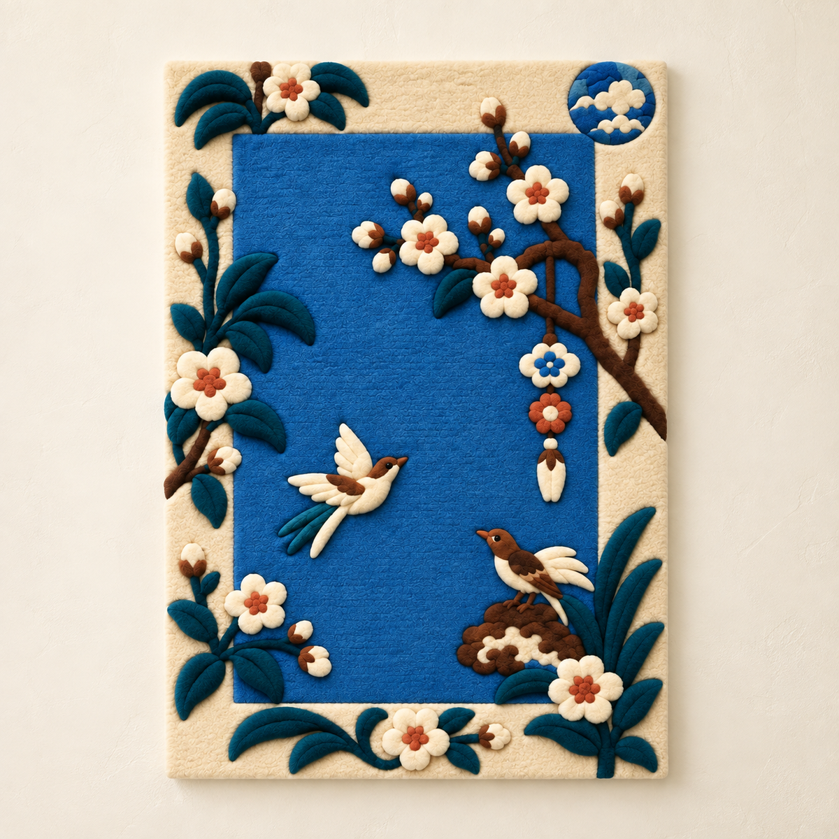 Hewn Earth wall art featuring colorful songbirds in a vibrant cobalt garden scene, showcasing detailed bird illustrations.