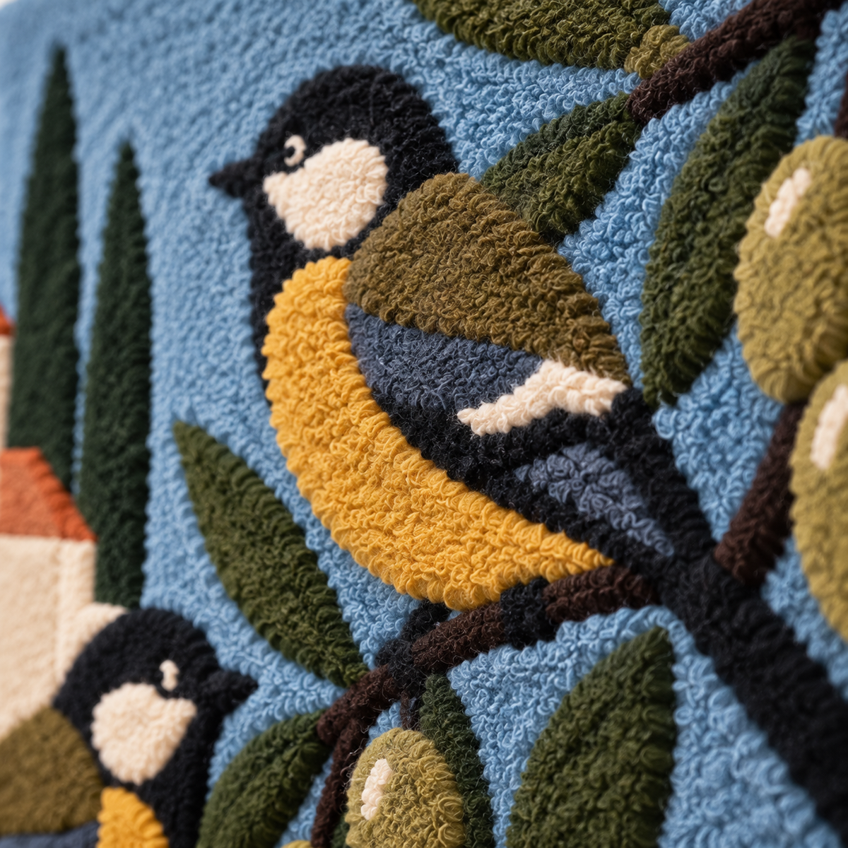 Songbirds in the Olive Courtyard — tufted wool texture detail