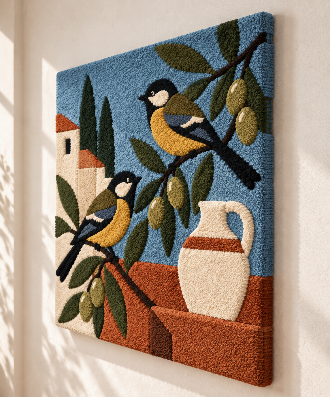 Songbirds in the Olive Courtyard — angled relief view