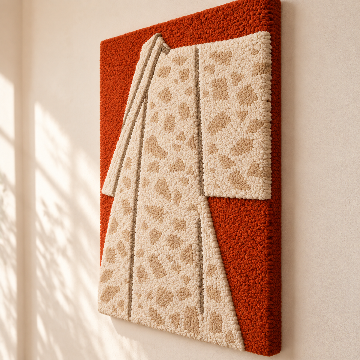 Hewn Earth speckled ivory kimono wall art displayed at an angle, showcasing textured fabric and intricate design details.