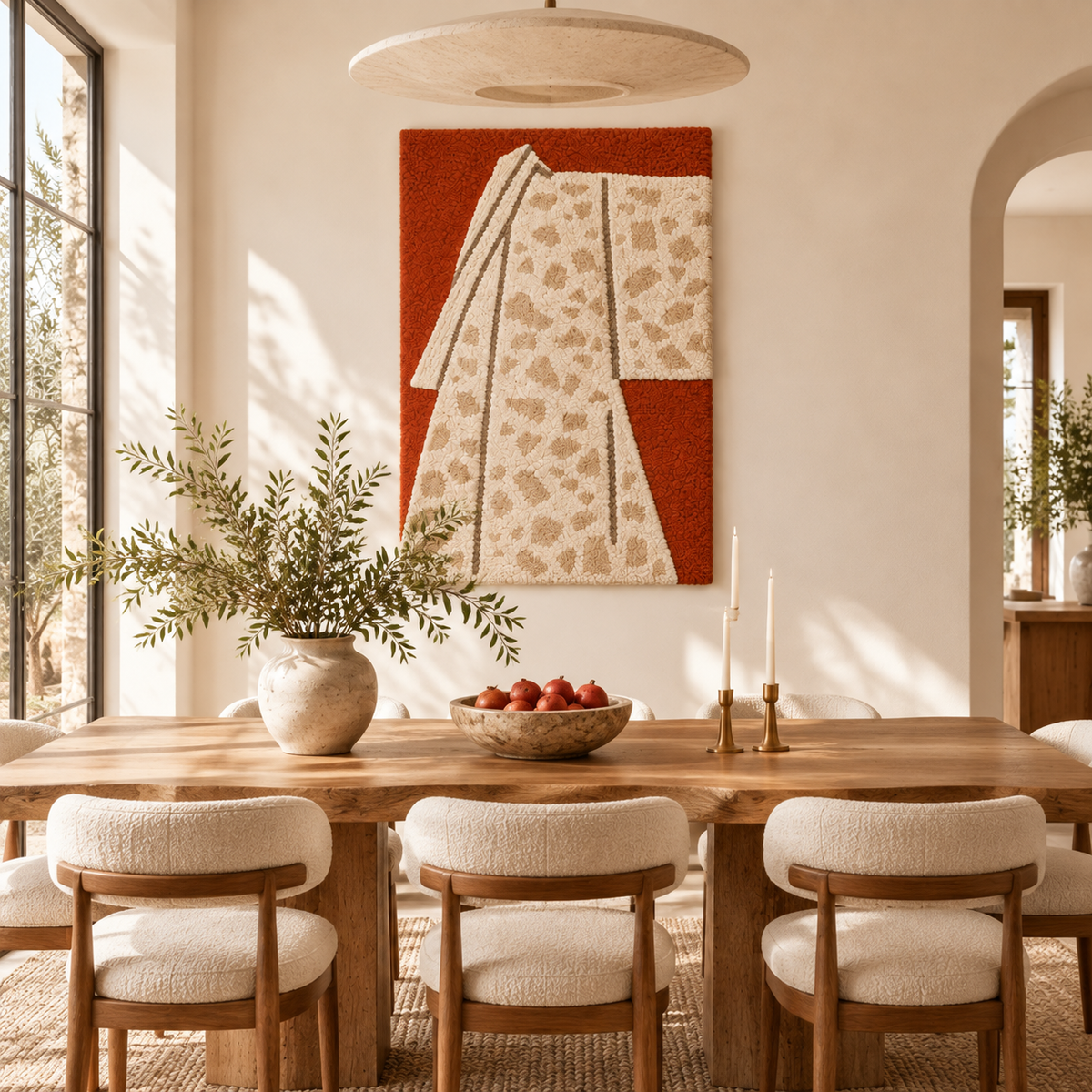 Hewn Earth speckled ivory kimono wall art displayed in a room, showcasing textured fabric and intricate design details.