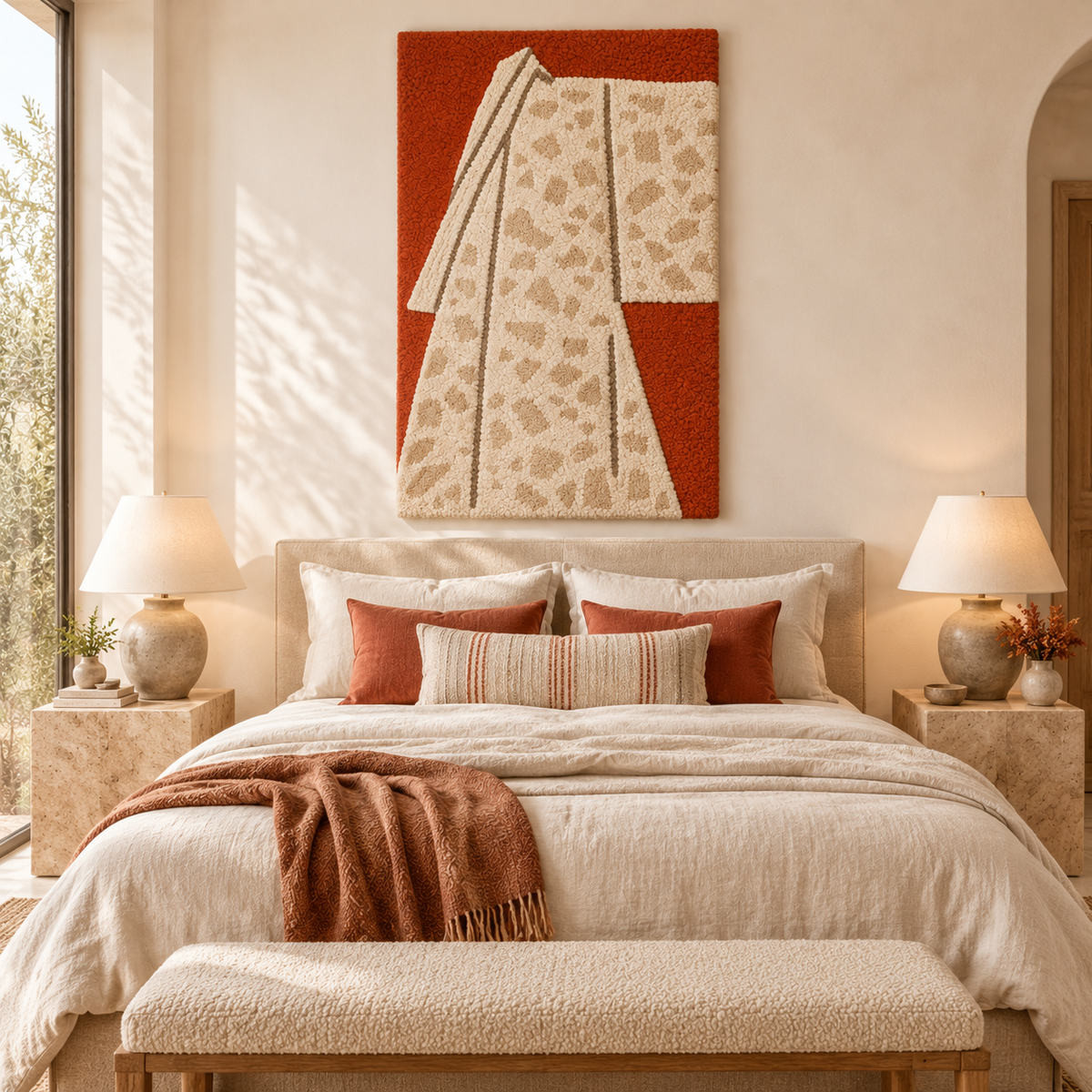 Hewn Earth speckled ivory kimono wall art hanging on a room wall, showcasing textured fabric and subtle speckled pattern.