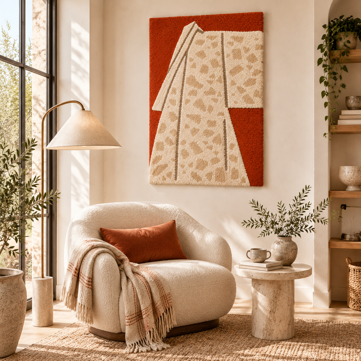 Hewn Earth speckled ivory kimono wall art displayed on a wall, showcasing its textured design and subtle color pattern.
