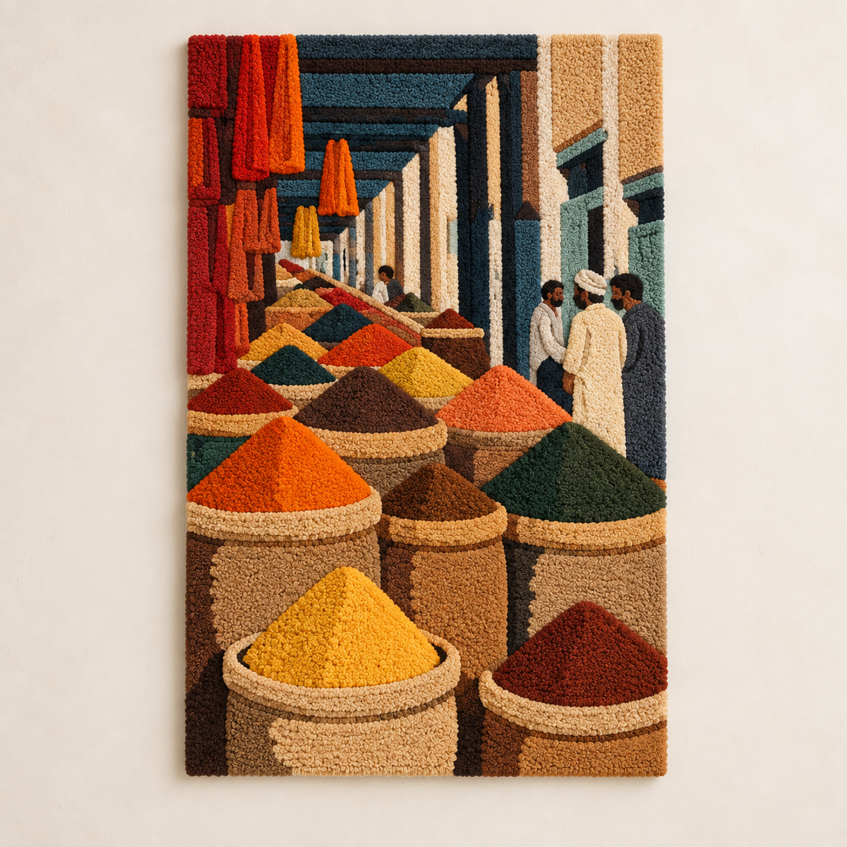 Hewn Earth Spice Bazaar Perspective wall art featuring vibrant spices and market scene in a colorful, detailed design.