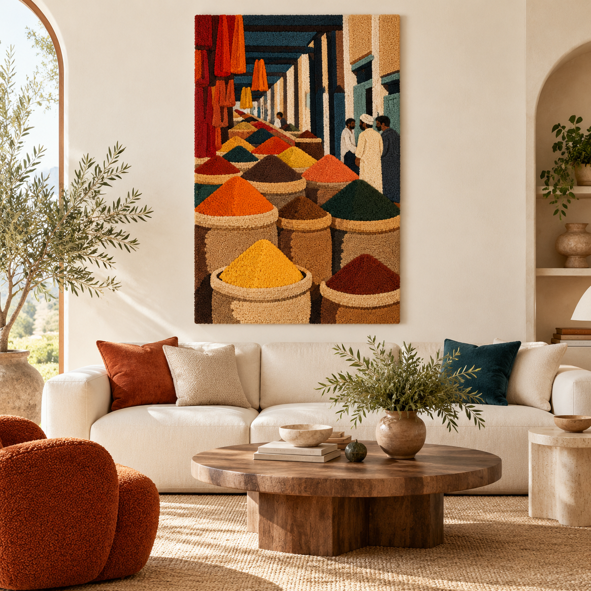 Hewn Earth Spice Bazaar Perspective wall art featuring vibrant spices and market scene, decorative wall decor for kitchen or dining area