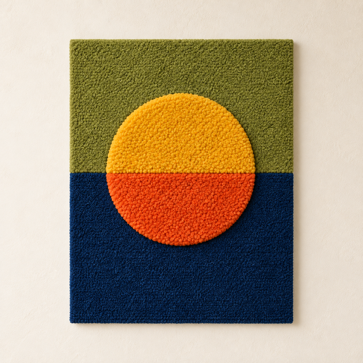 Hewn Earth Split Sun Horizon wall art featuring a vibrant, colorful sunset with a split sun design against a scenic sky background.
