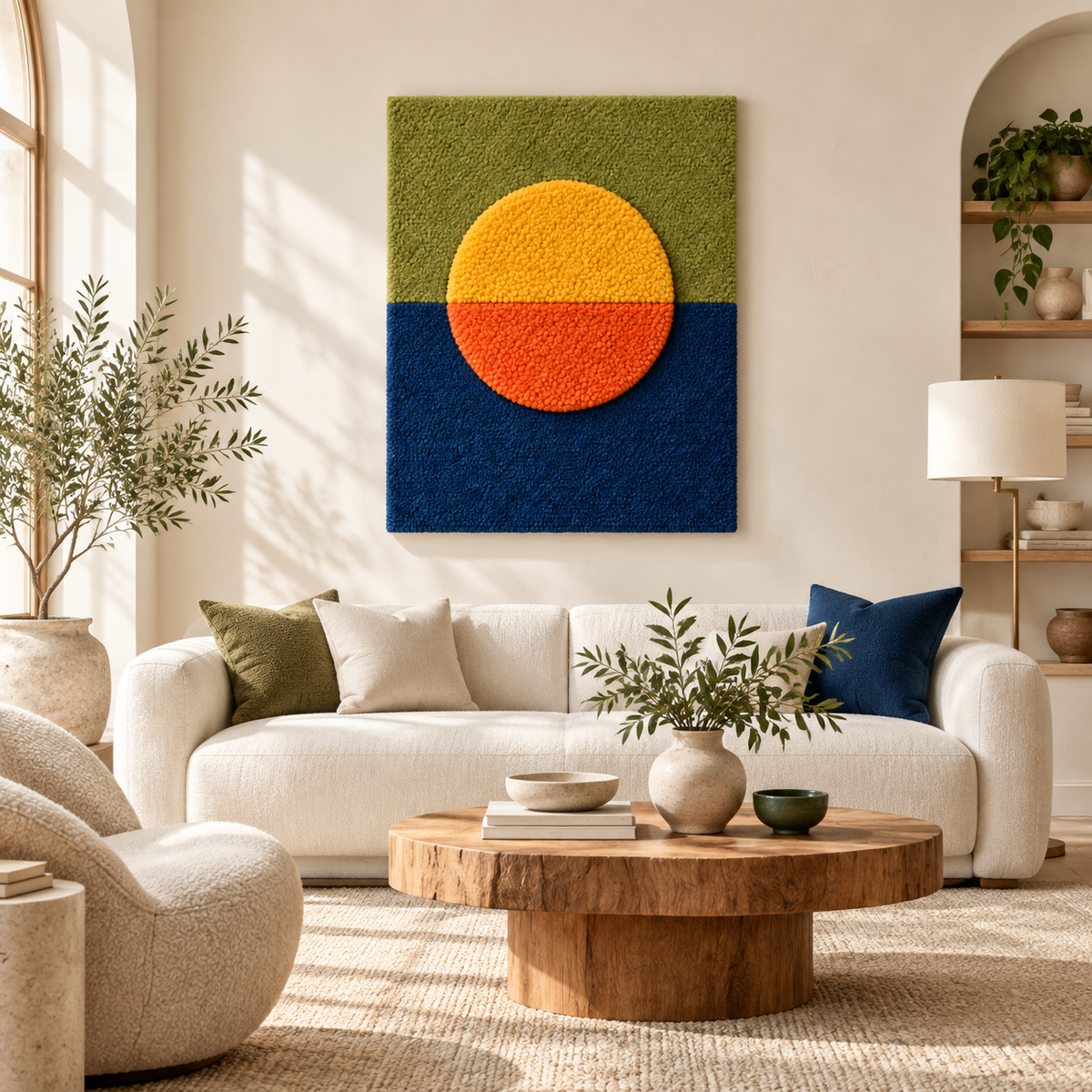 Hewn Earth Split Sun Horizon wall art featuring a vibrant sunset with a split sun over a calm horizon in a modern room.