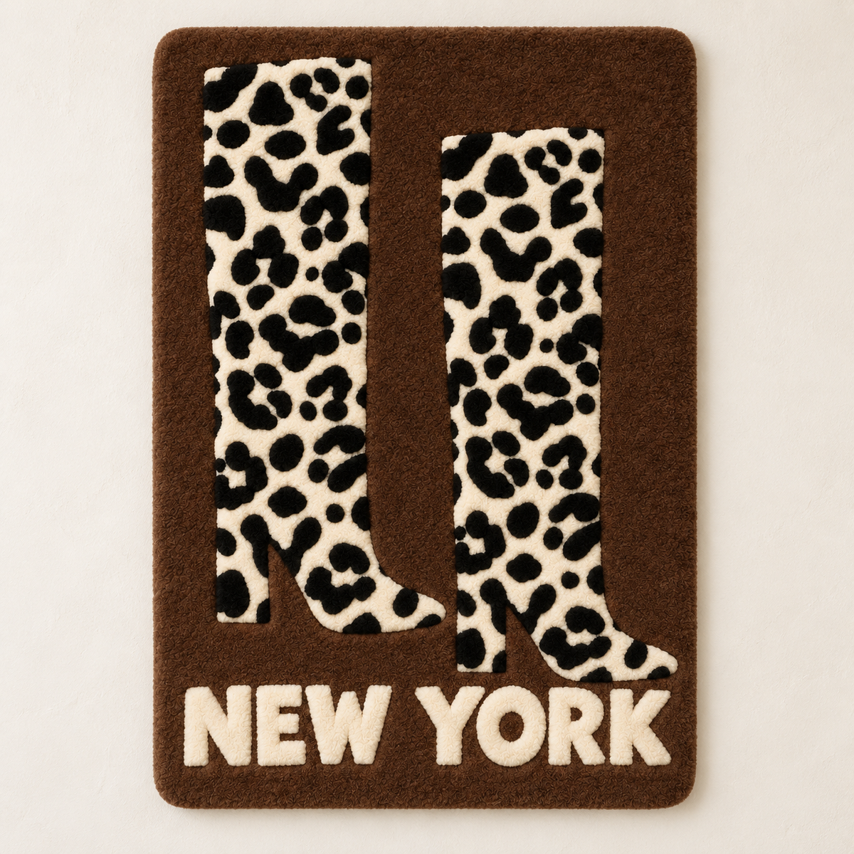Hewn Earth wall art featuring spotted boots in New York, showcasing a vibrant, artistic depiction of footwear and cityscape.