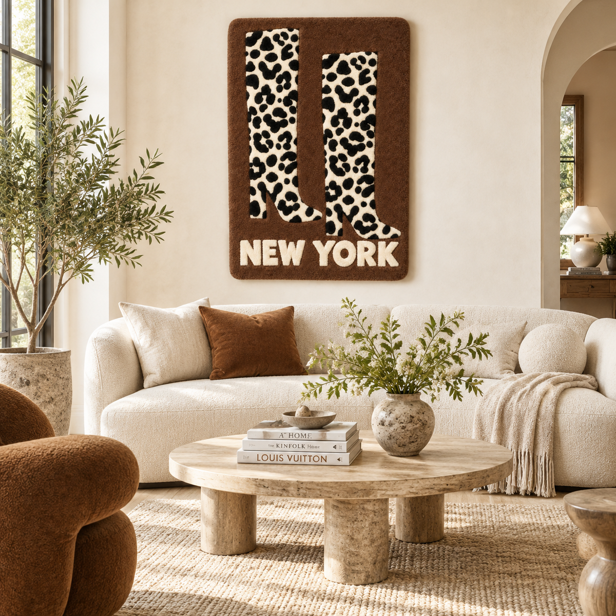 Hewn Earth wall art featuring spotted boots in a New York city setting, displayed on a room wall.