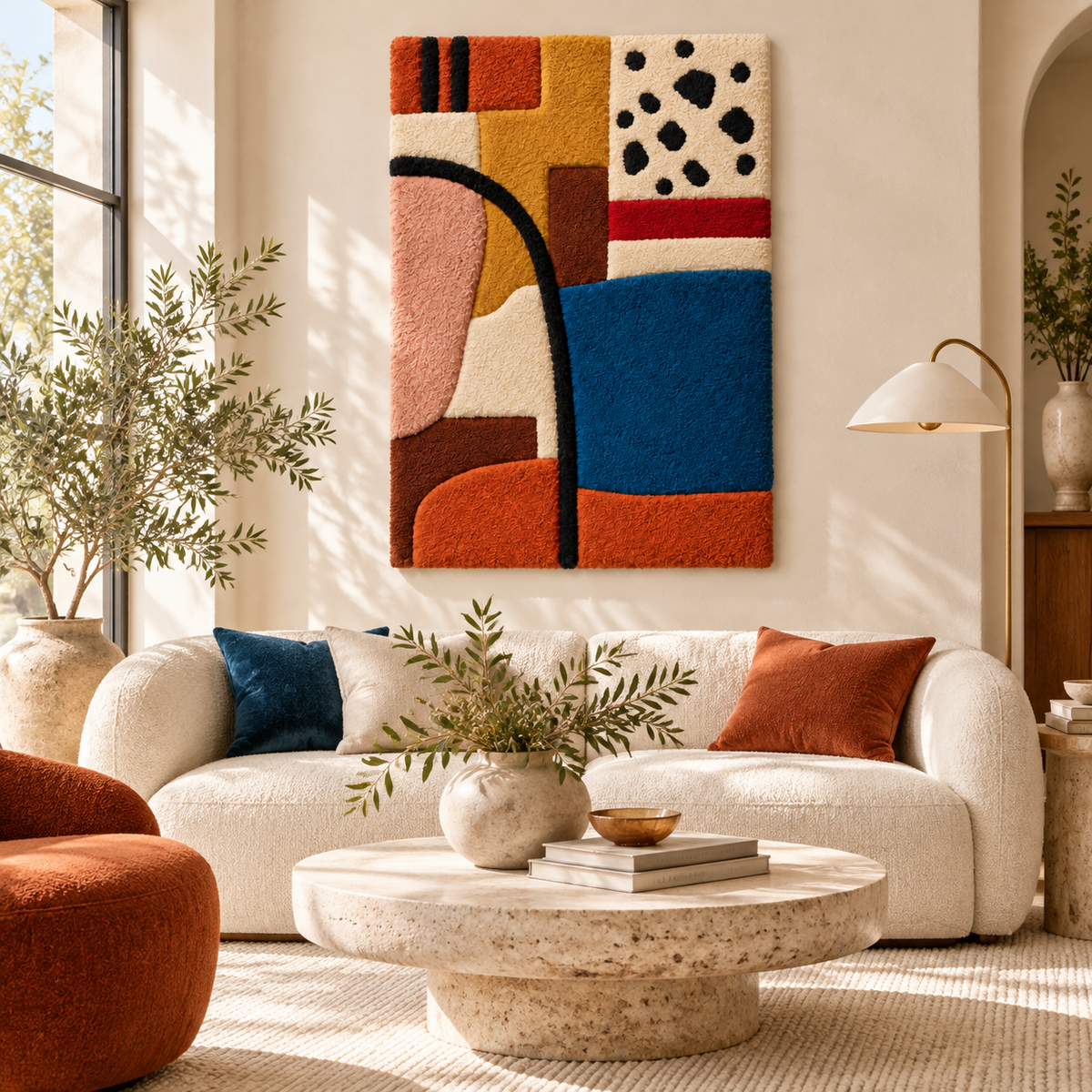 Hewn Earth wall art featuring a spotted corner design and cobalt blue field, suitable for modern interior decor.