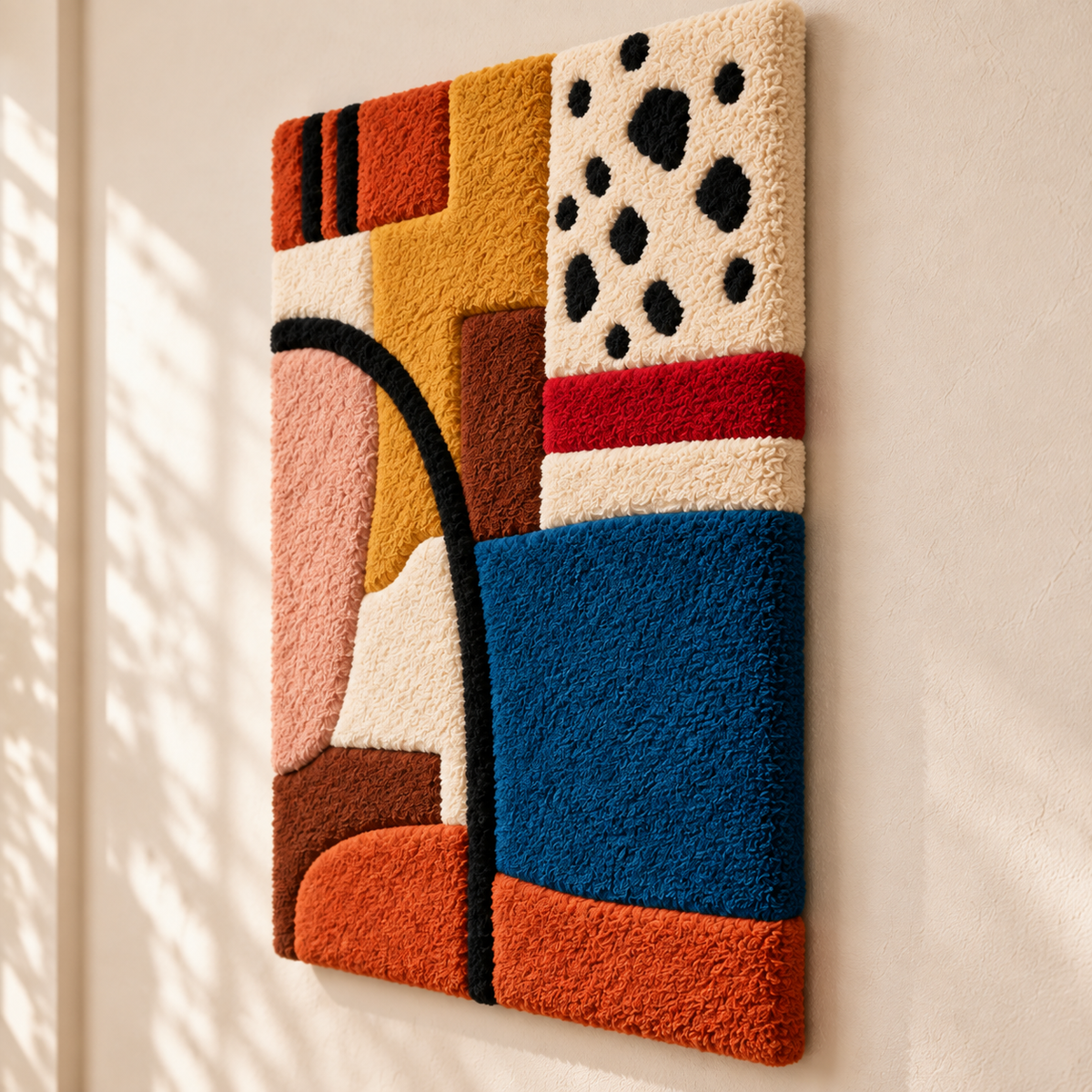 Hewn Earth wall art featuring a spotted corner design and cobalt field with abstract, colorful patterns on canvas.