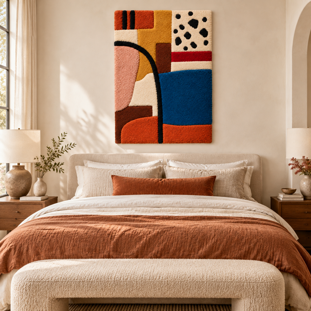 Hewn Earth wall art featuring a spotted corner design and cobalt field scene, displayed on a modern room wall.