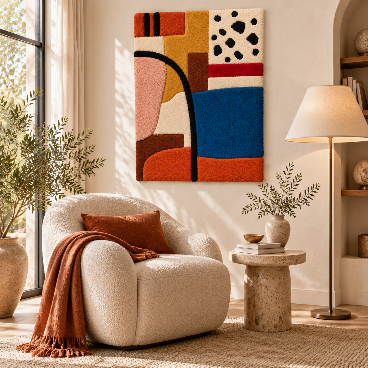 Hewn Earth wall art featuring a spotted corner design and cobalt blue field in a modern room setting.