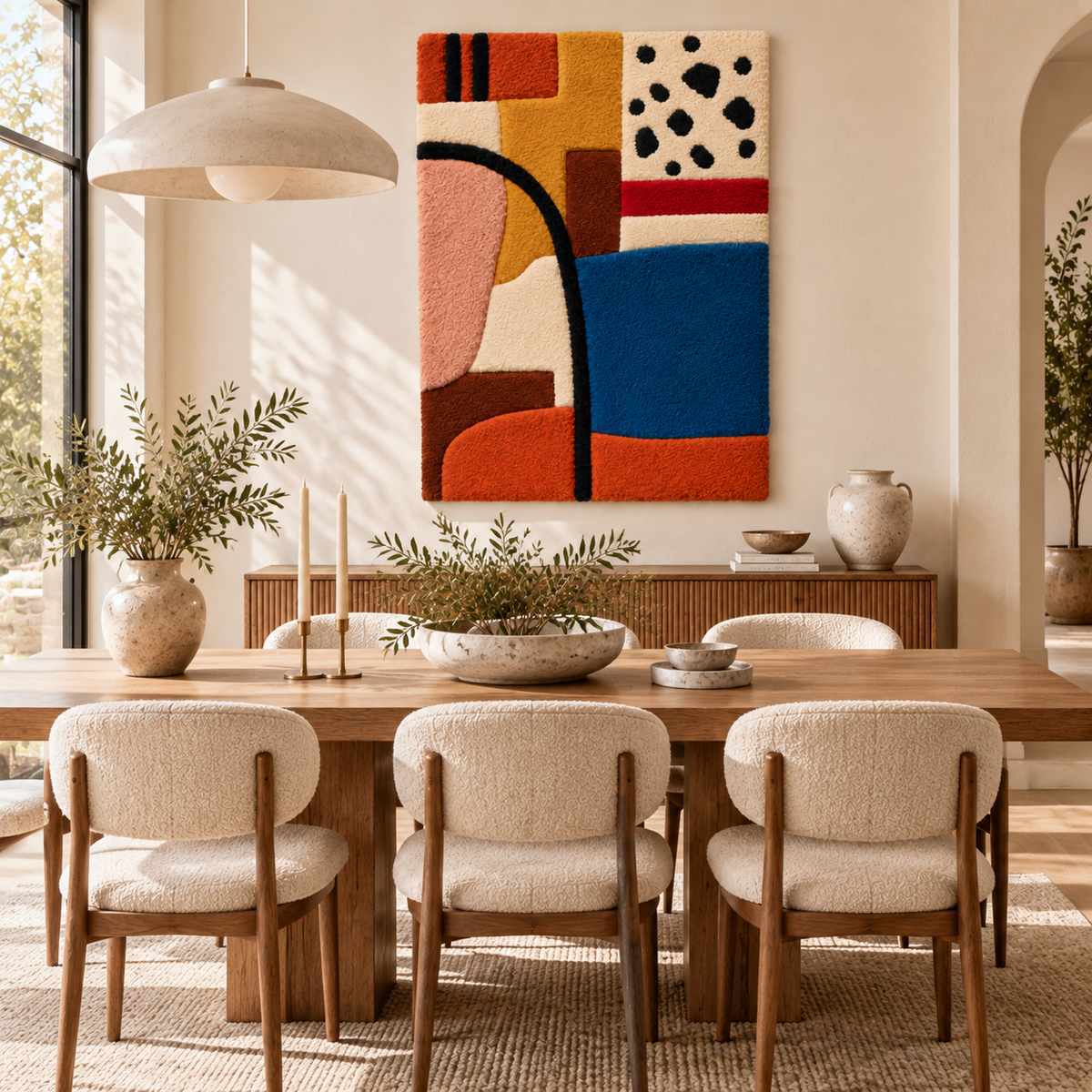Hewn Earth wall art featuring a spotted corner design and cobalt field scene, displayed in a modern room setting.
