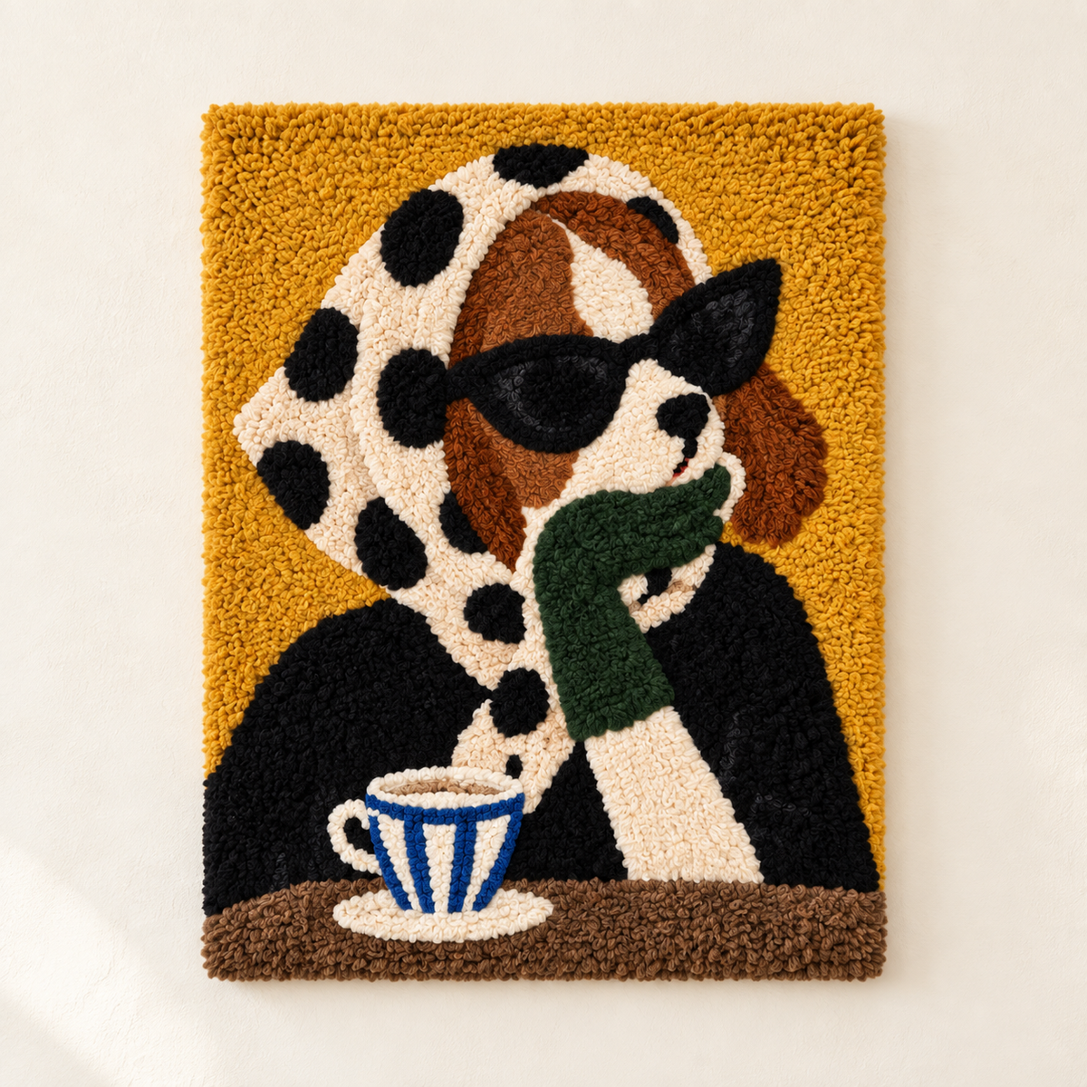 Hewn Earth Spotted Scarf Cafe Companion wall art featuring a colorful, abstract spotted scarf design on a light background.