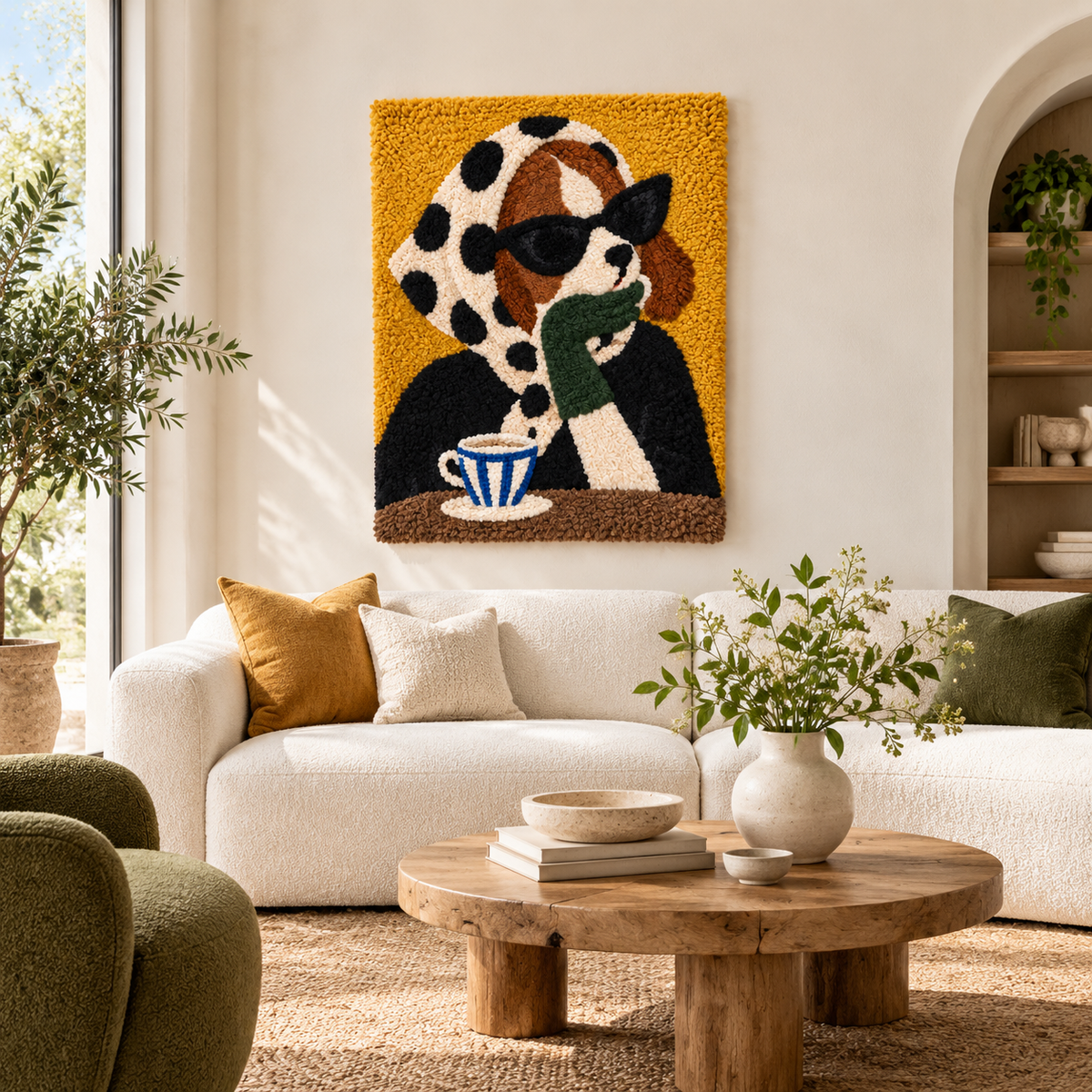 Hewn Earth Spotted Scarf Cafe Companion wall art featuring a vibrant spotted scarf design in a cozy room setting