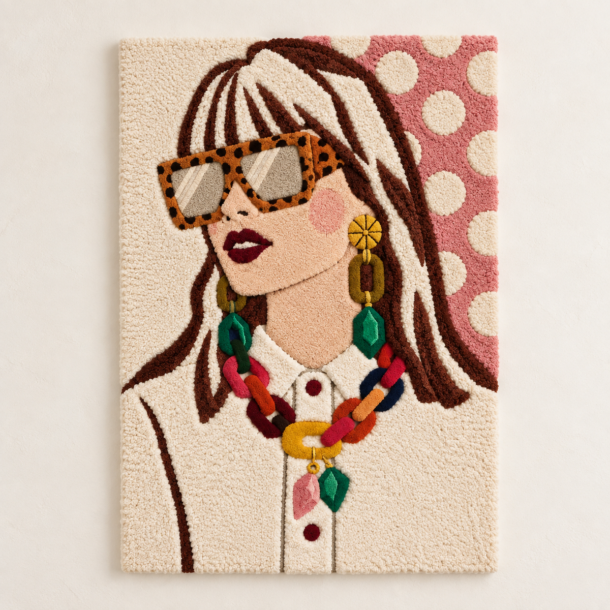Hewn Earth wall art featuring spotted sunglasses and jeweled links, with vibrant colors and intricate details.