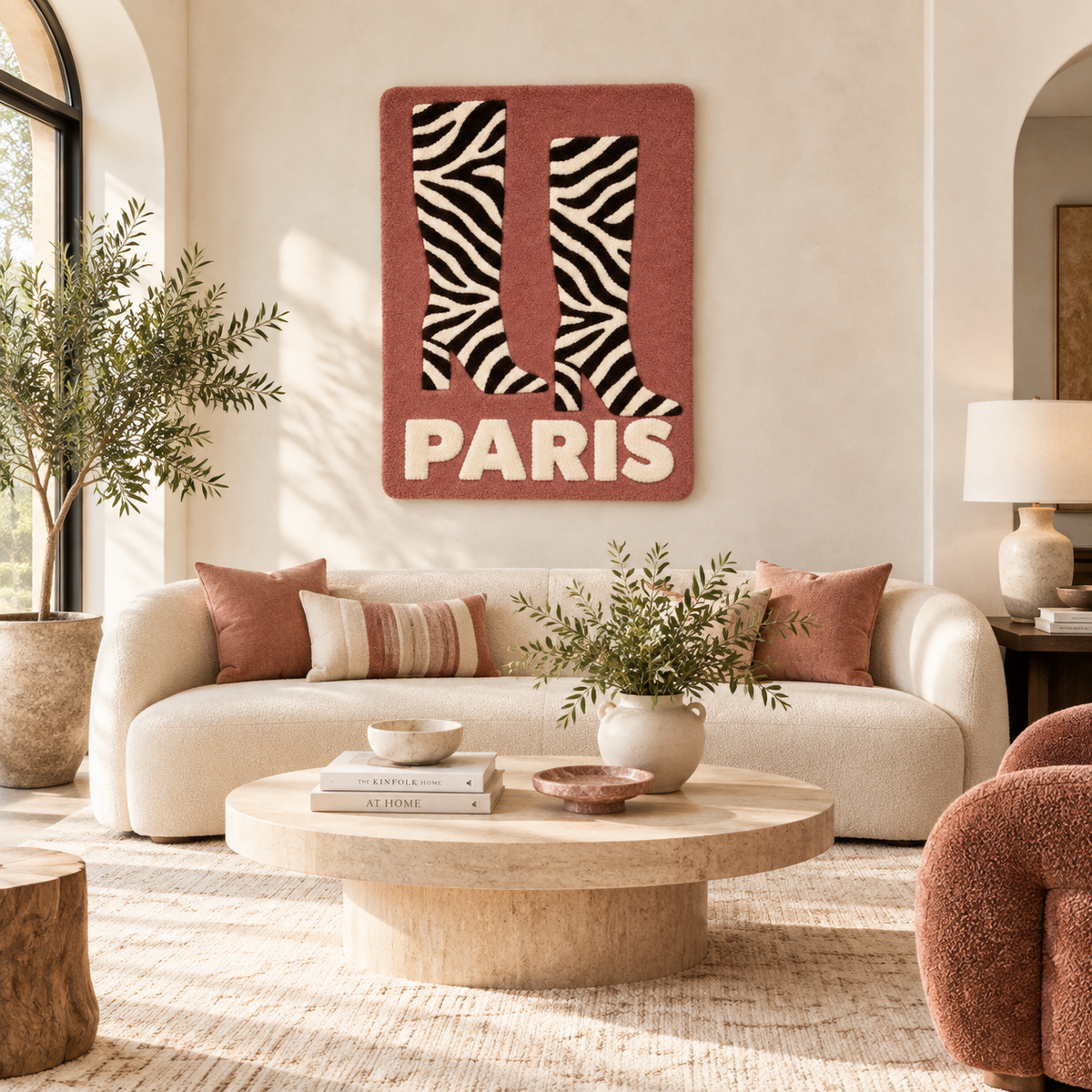 Hewn Earth striped wall art featuring stylish boots along the Seine river, showcasing a colorful and artistic scene.