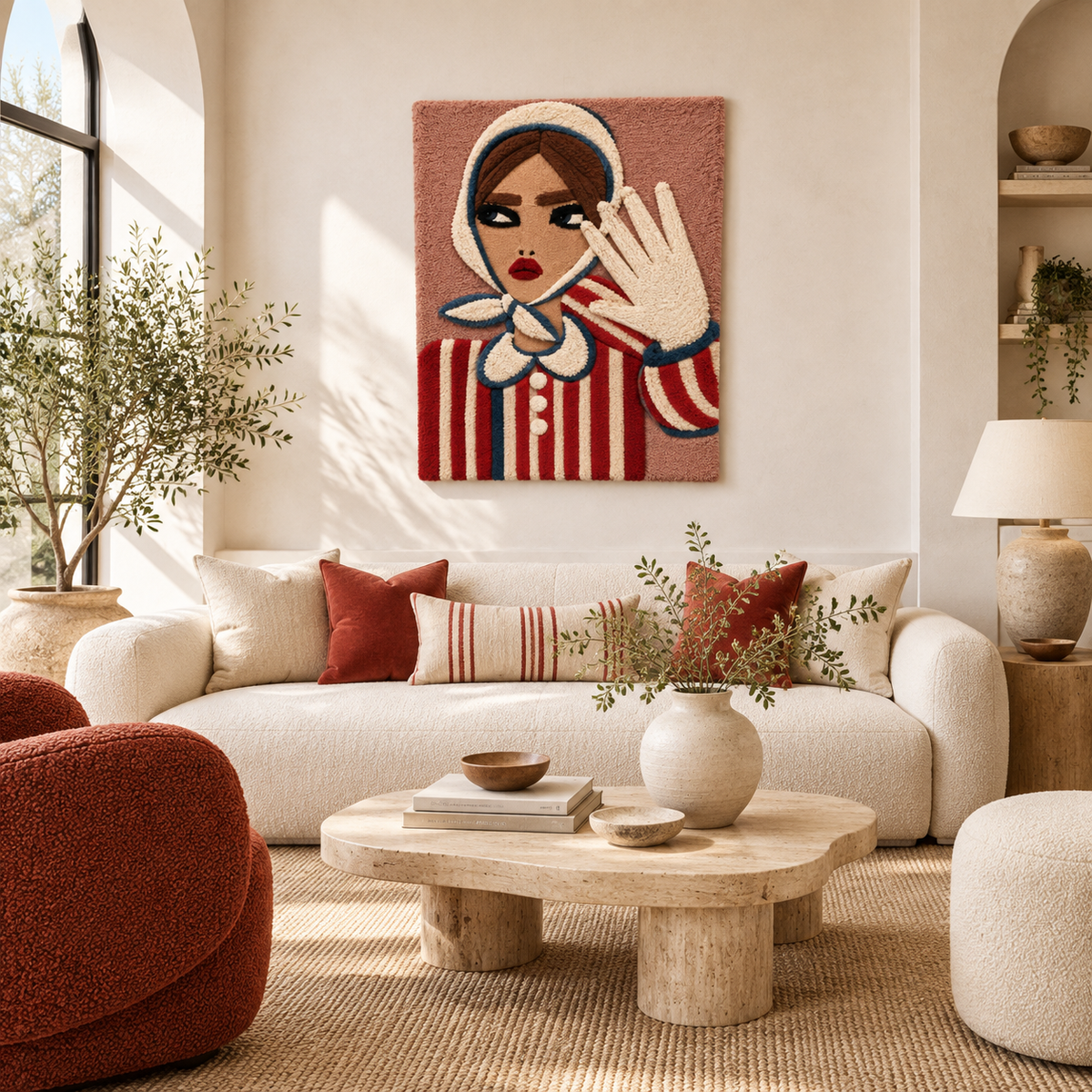 Hewn Earth wall art titled "Striped Sleeves Gentle Gesture" featuring abstract striped sleeves in a room setting.