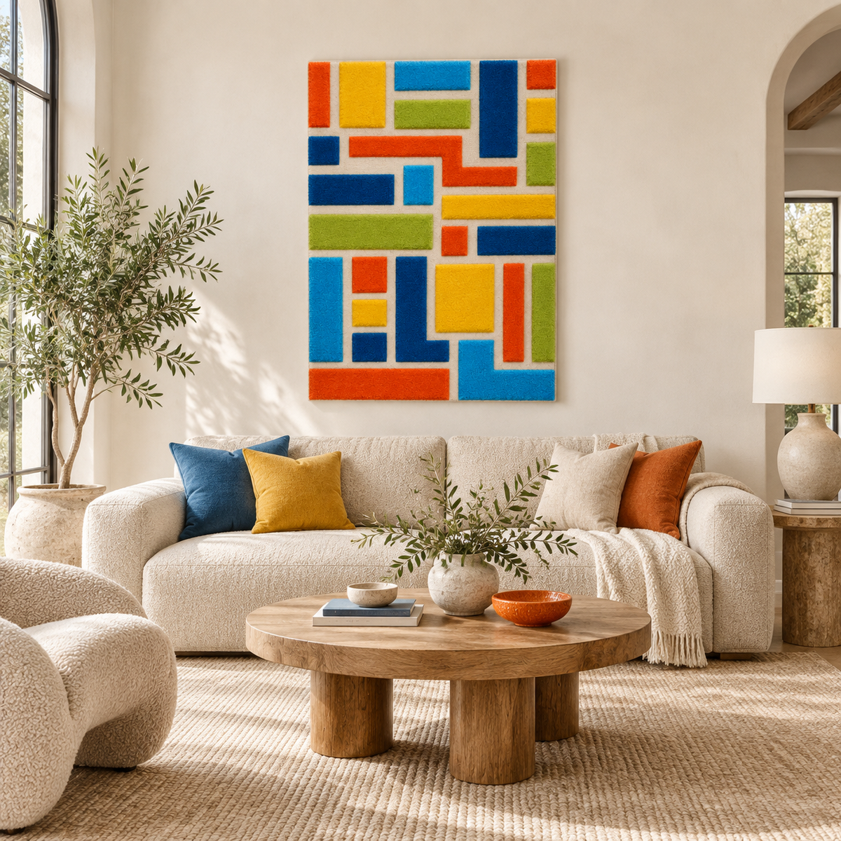 Hewn Earth Summer Block Labyrinth wall art featuring colorful geometric patterns on a modern room wall.
