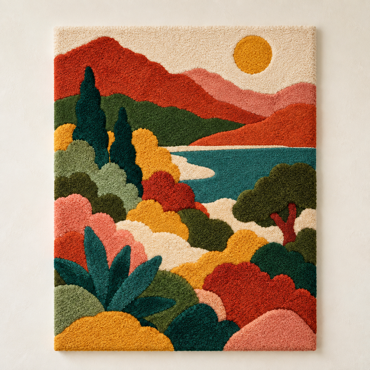 Hewn Earth wall art depicting the sun over terracotta hills with warm earthy tones in a scenic landscape scene