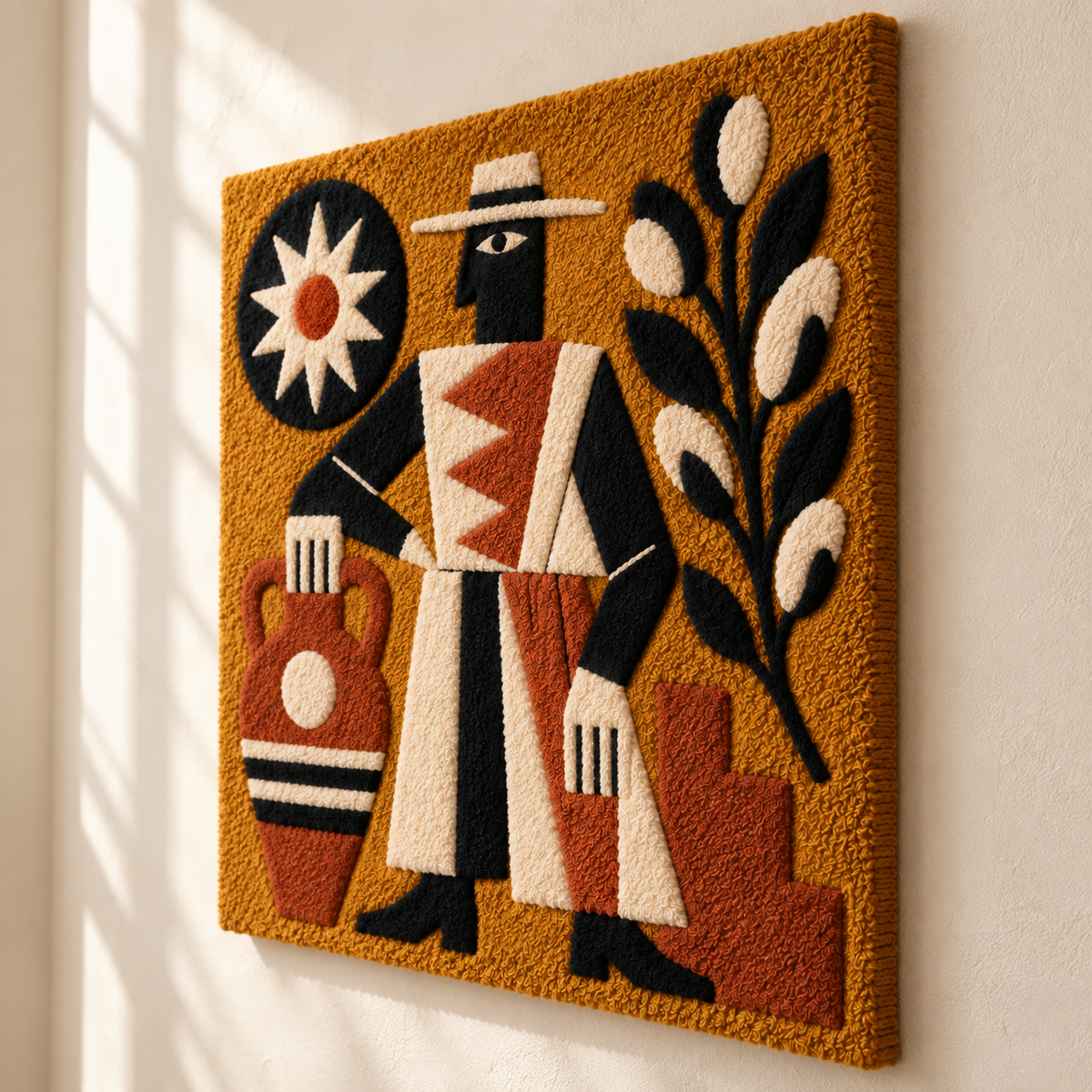 Hewn Earth Sunburst Vase Keeper wall art with a vibrant sunburst design, featuring a textured vase motif in warm tones.