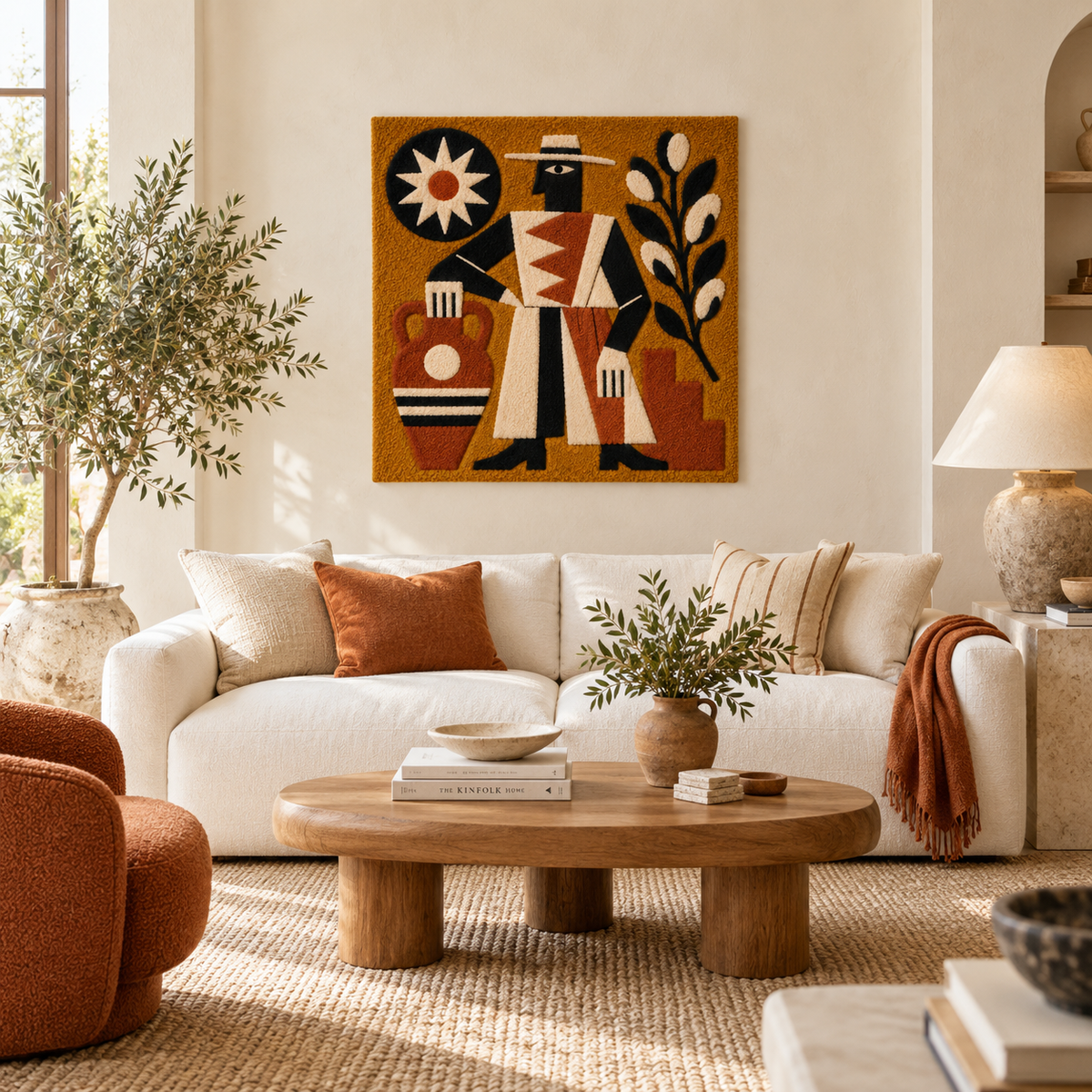 Hewn Earth Sunburst Vase Keeper wall art featuring a vibrant sunburst design with a vase motif on a room wall backdrop.