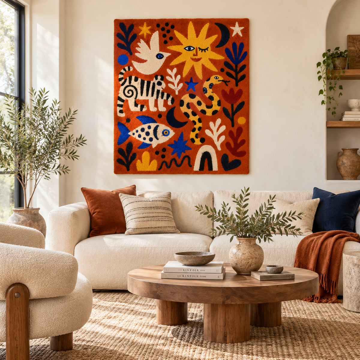 Colorful wall art featuring playful animals in a sunlit carnival scene by Hewn Earth, perfect for children's room decor.