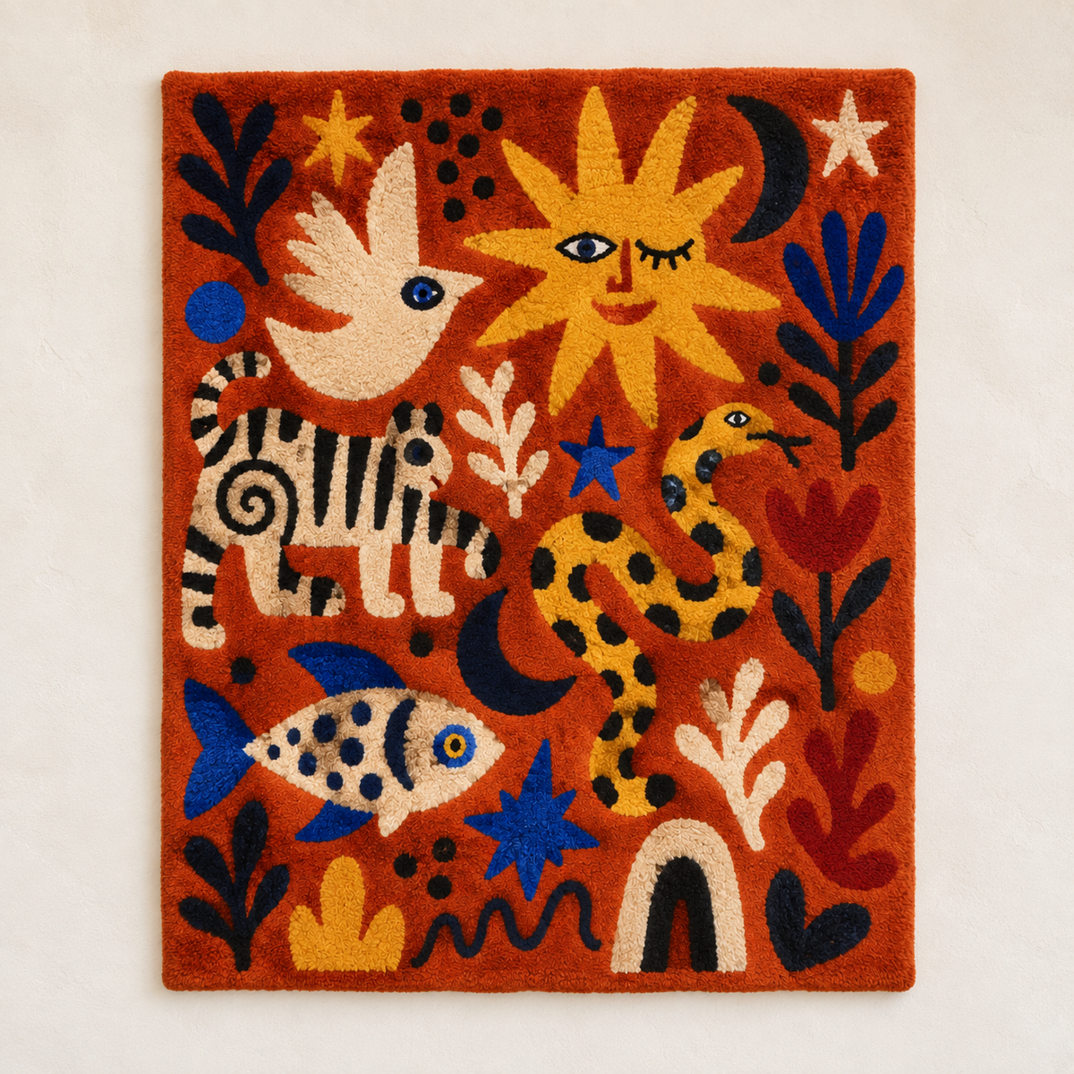 Colorful wall art featuring animals in a sunlit carnival scene by Hewn Earth, with vibrant, playful animal illustrations.