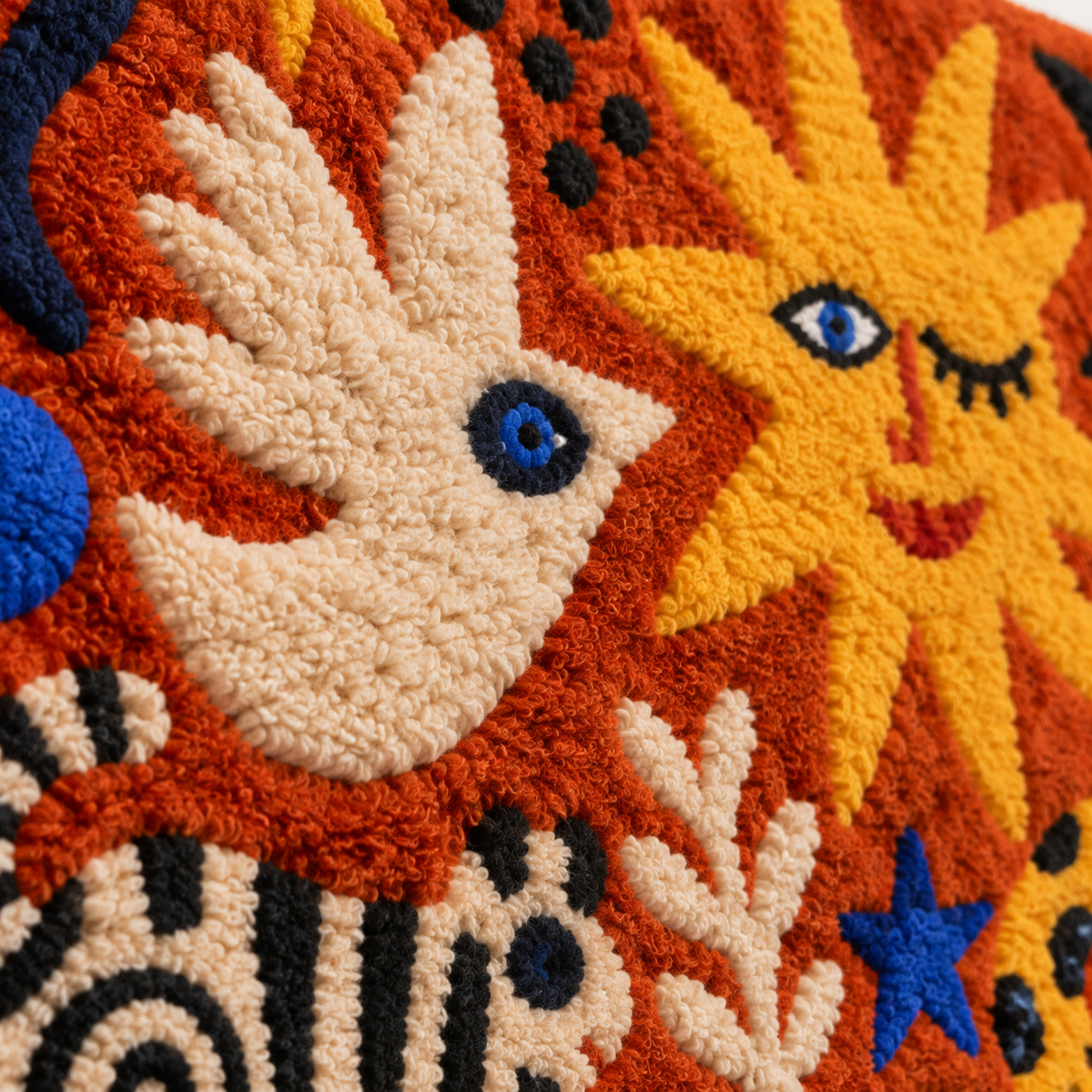Close-up of Hewn Earth Sunlit Animal Carnival wall art showing vibrant sunlit animals with detailed textures and colorful design.