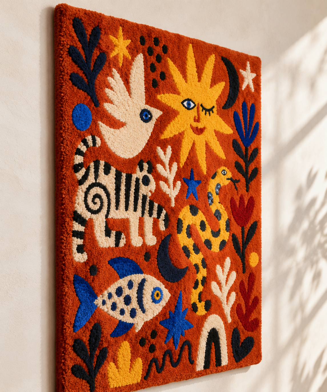 Colorful Hewn Earth Sunlit Animal Carnival wall art featuring vibrant animal illustrations on a sunny background.