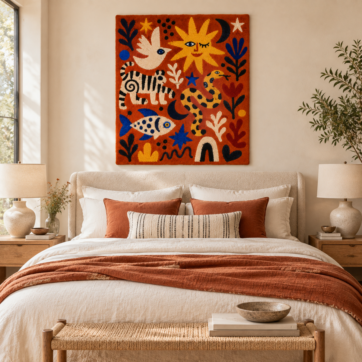 Colorful Sunlit Animal Carnival wall art by Hewn Earth, featuring vibrant animal illustrations on a sunny-themed background.