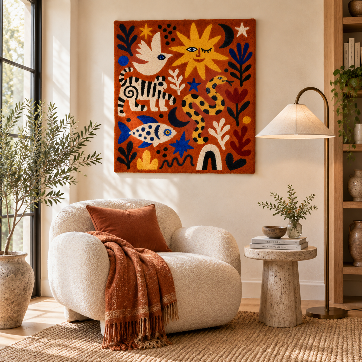 Colorful Sunlit Animal Carnival wall art by Hewn Earth featuring vibrant animal illustrations on a decorative canvas.