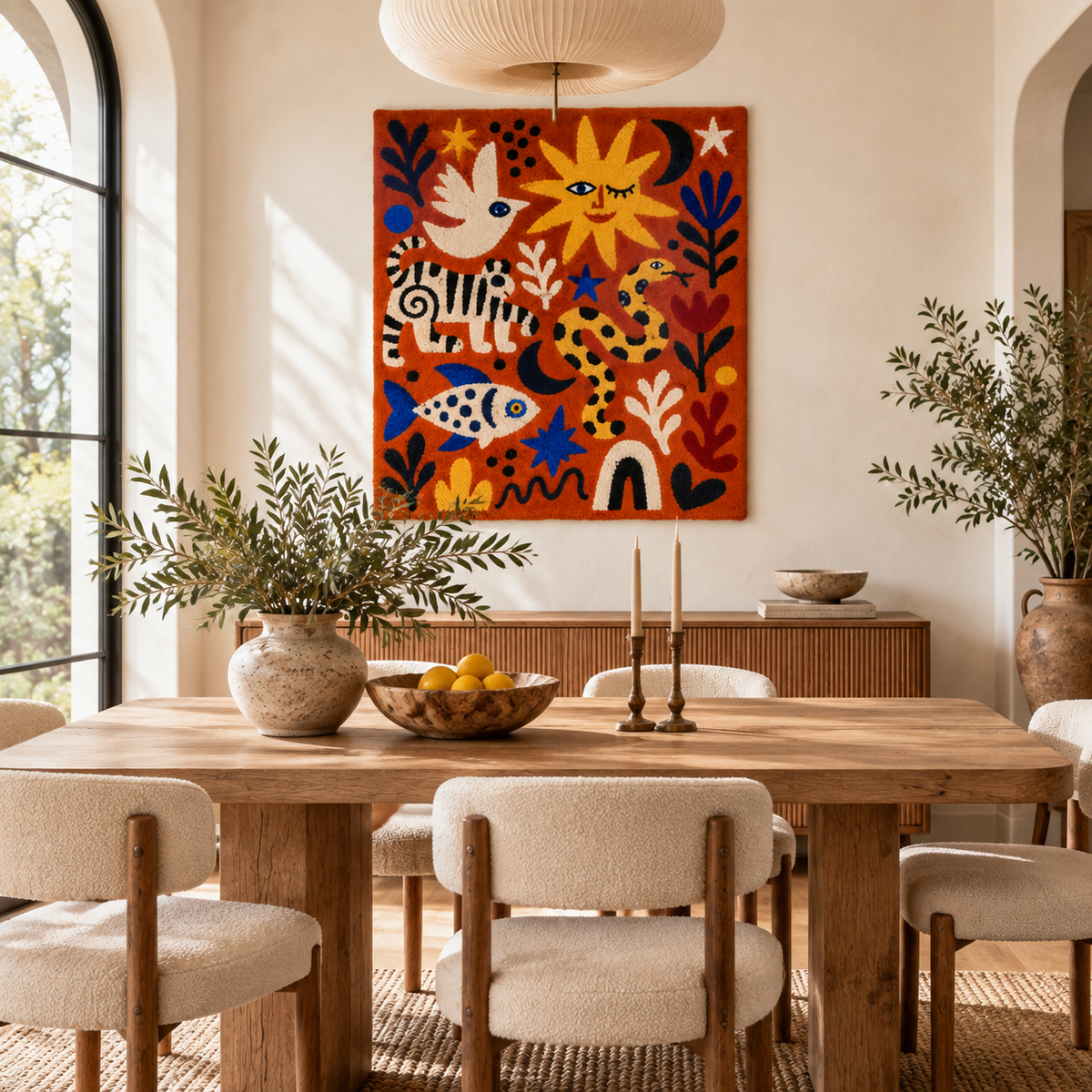 Colorful wall art print titled Sunlit Animal Carnival by Hewn Earth featuring vibrant animals in a sunlit carnival scene.