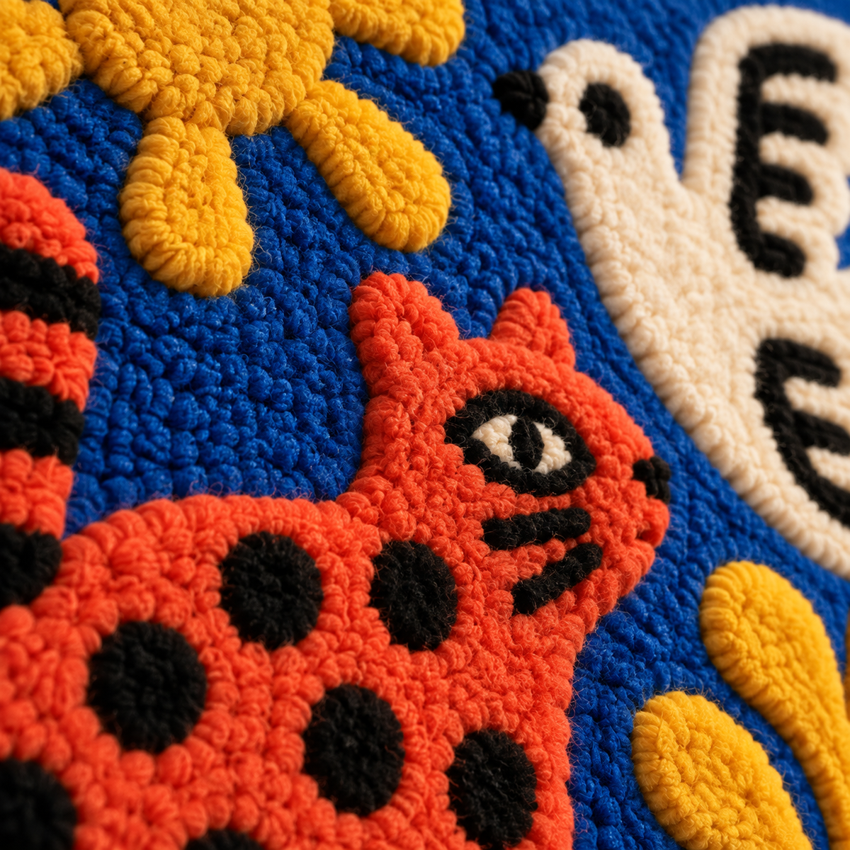 Sunlit Cobalt Animal Garden — tufted wool texture detail