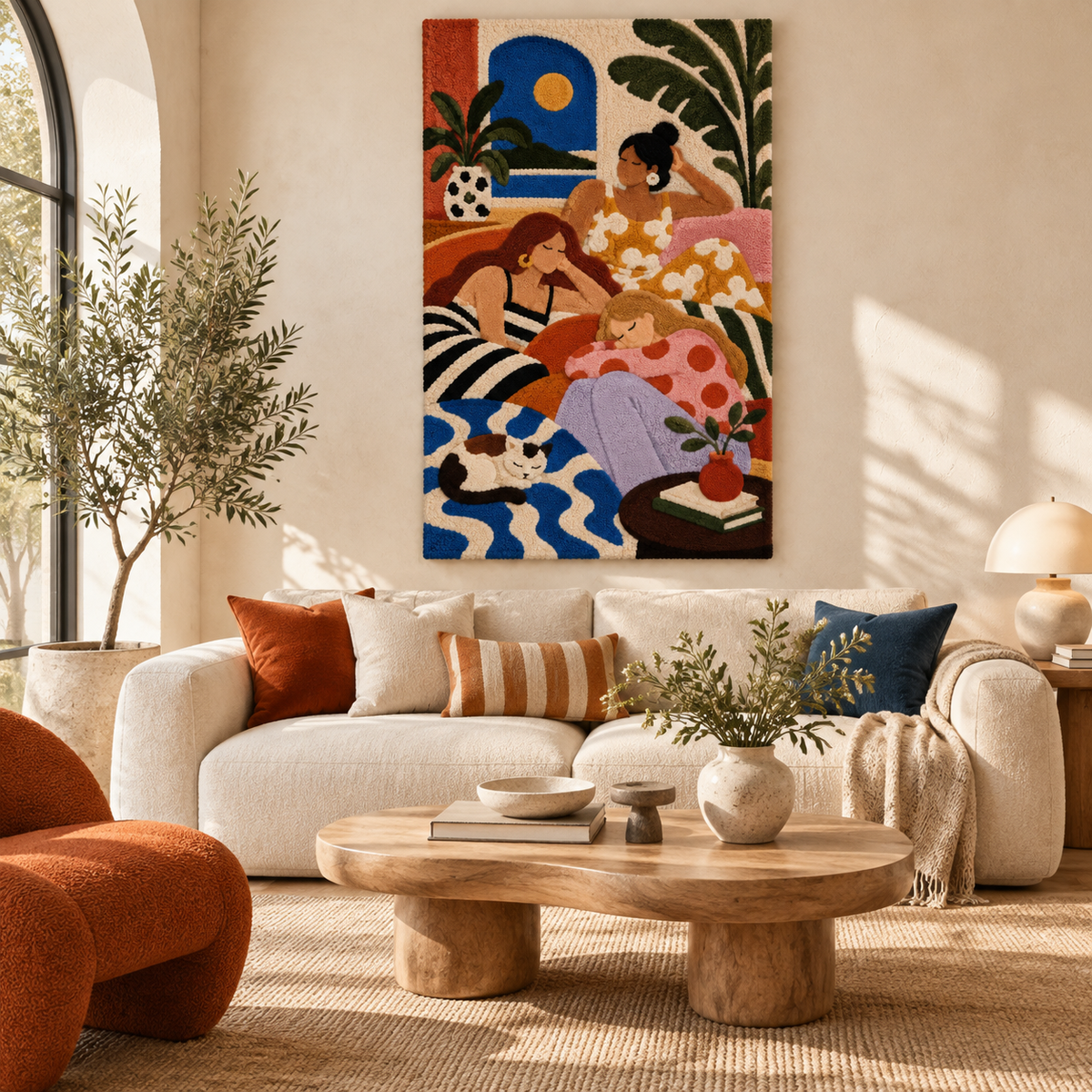 Hewn Earth Sunlit Friends wall art featuring colorful, playful illustrations of friends enjoying sunlight, suitable for home decor.