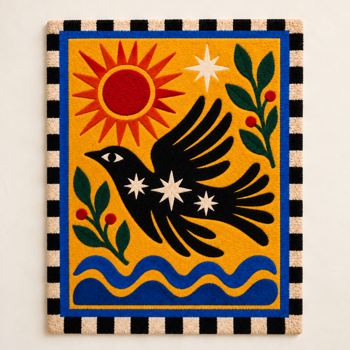 Hewn Earth wall art featuring a sunlit raven soaring over blue ocean waves, vibrant and detailed nature-inspired wall decor.