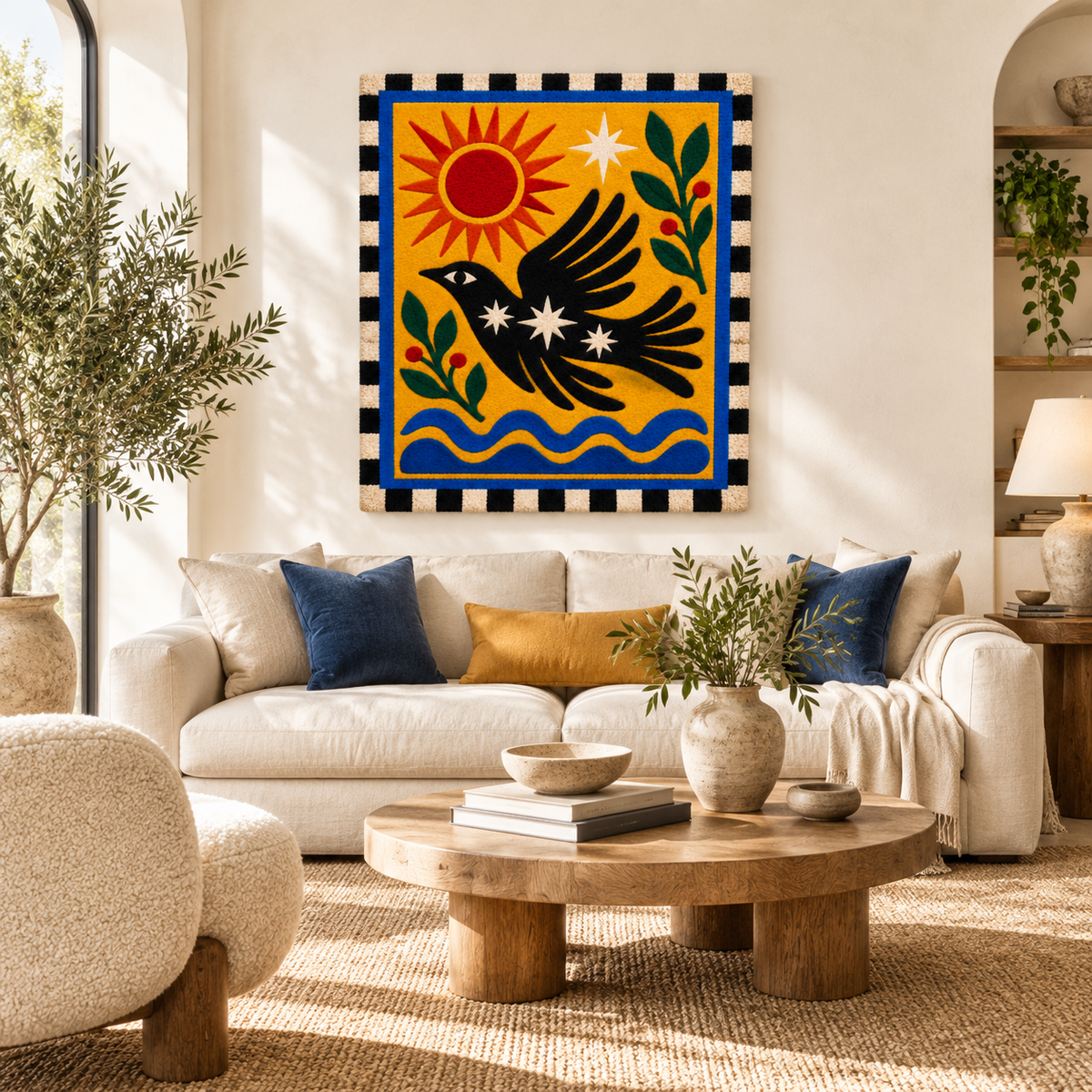 Sunlit Raven over Blue Waves — front-facing room scene [room-front]