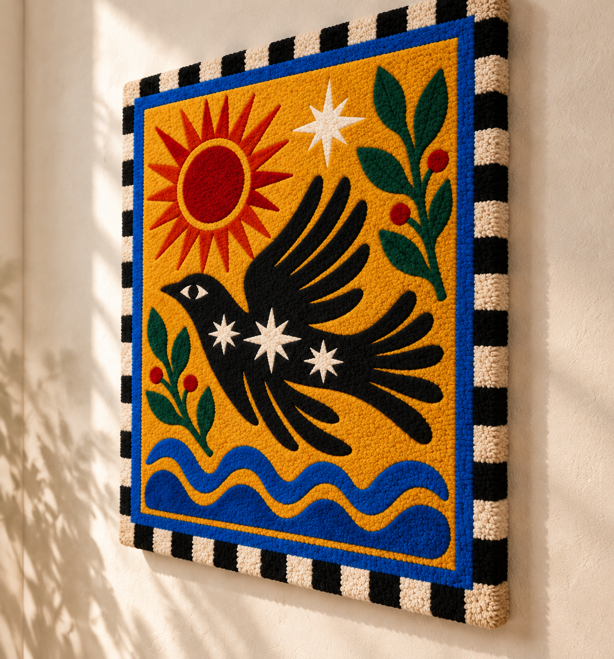 Sunlit Raven over Blue Waves — angled relief view