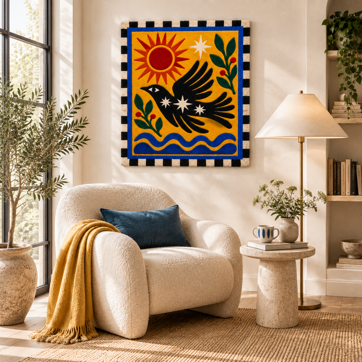Sunlit Raven over Blue Waves — room setting