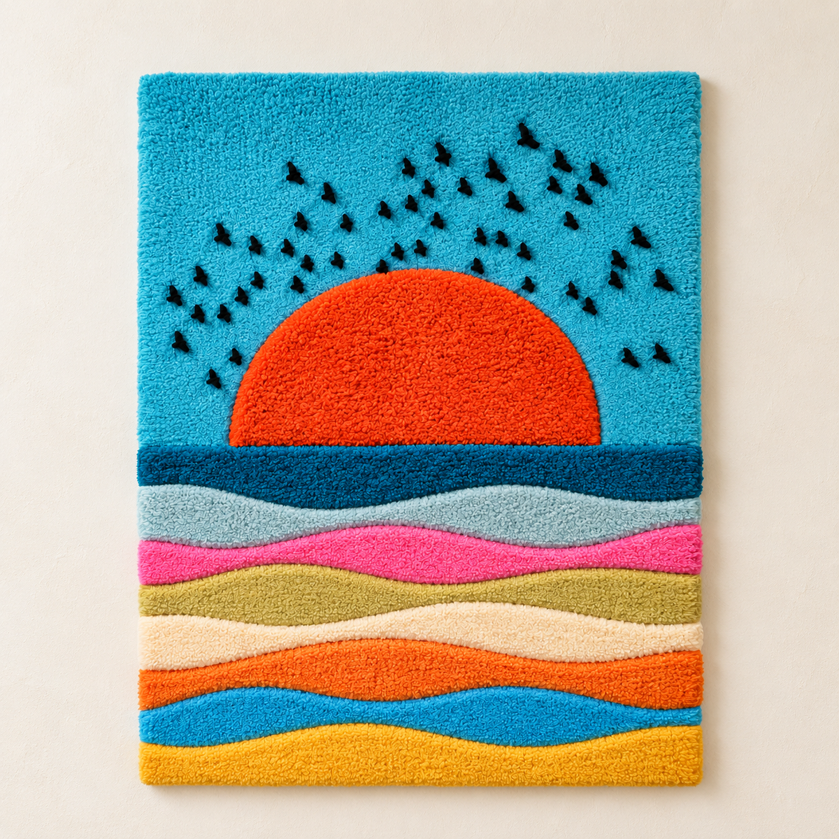 Hewn Earth Sunset Flock Waves wall art featuring a vibrant sunset scene with flowing wave patterns, suitable for modern home decor.