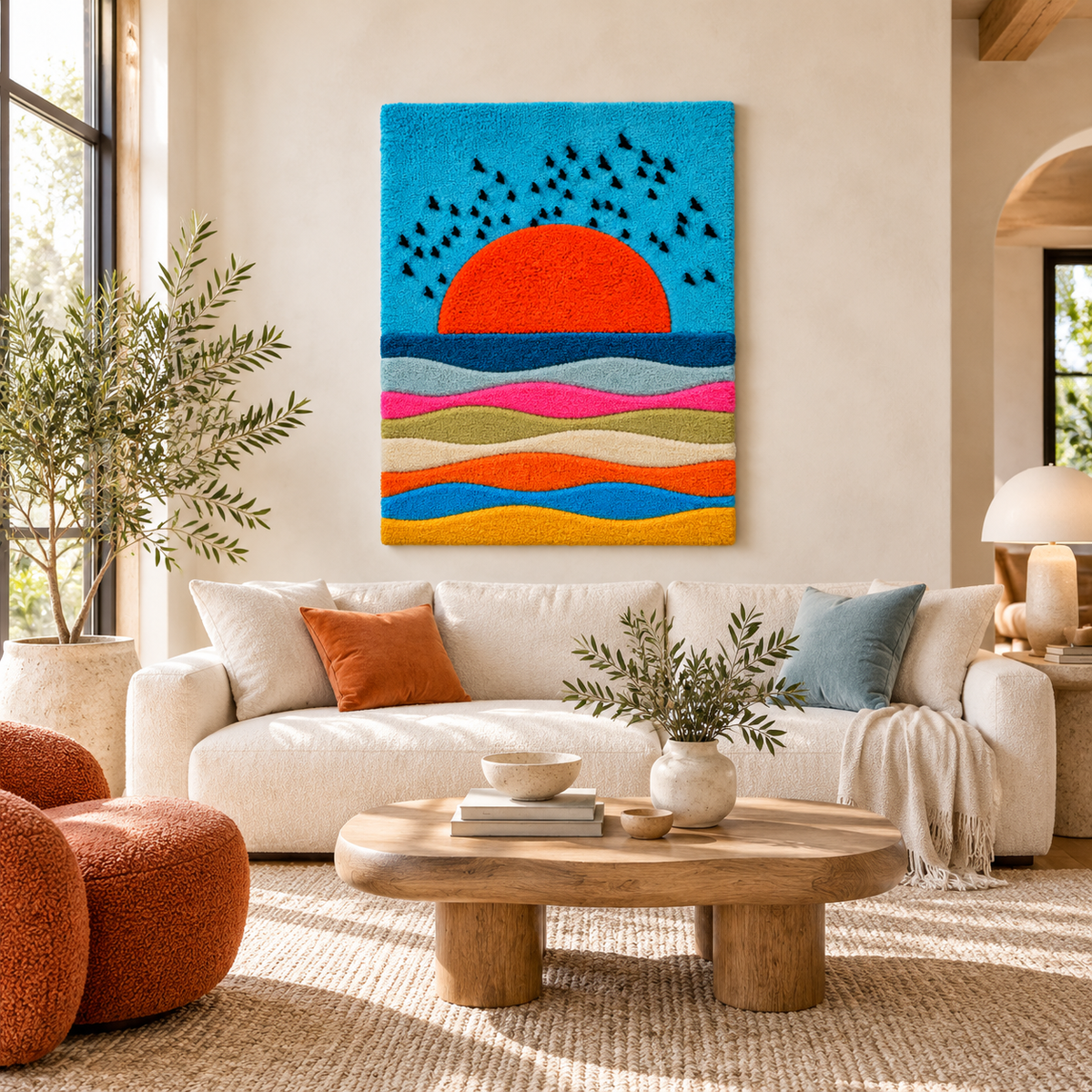 Hewn Earth Sunset Flock Waves wall art featuring vibrant sunset colors and abstract wave design for modern home decor