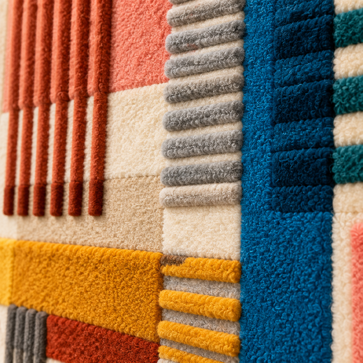 Close-up of Hewn Earth Sunset Loom Geometry wall art showcasing intricate woven patterns and warm sunset colors.