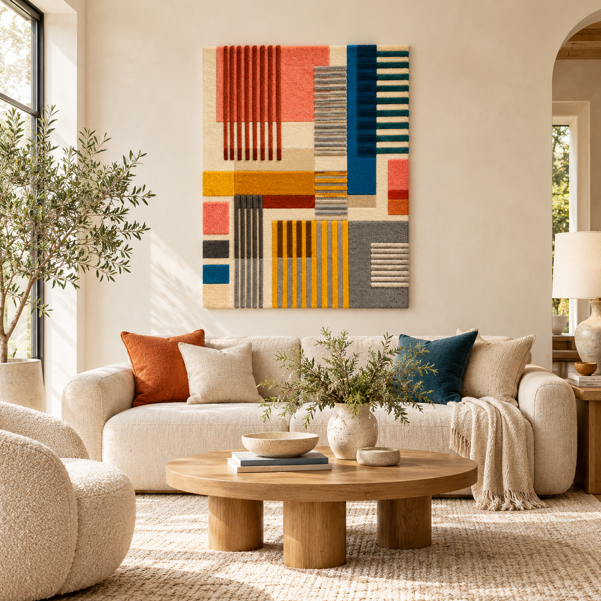 Hewn Earth Sunset Loom Geometry wall art featuring vibrant, abstract geometric patterns in warm sunset tones for modern home decor.